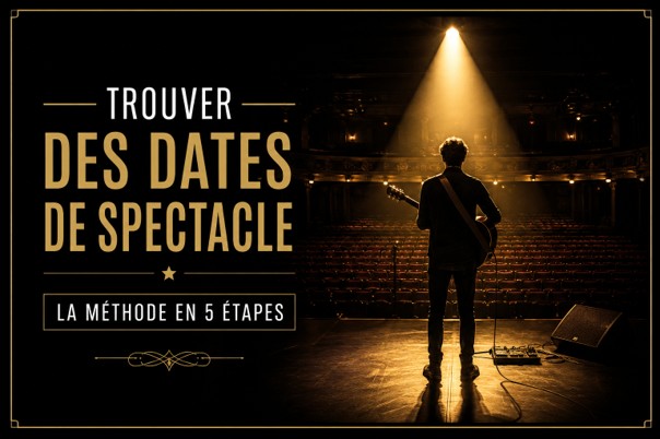 Artiste sur une scène de spectacle sous un projecteur illustrant une méthode pour trouver des dates de spectacle et des dates de concert