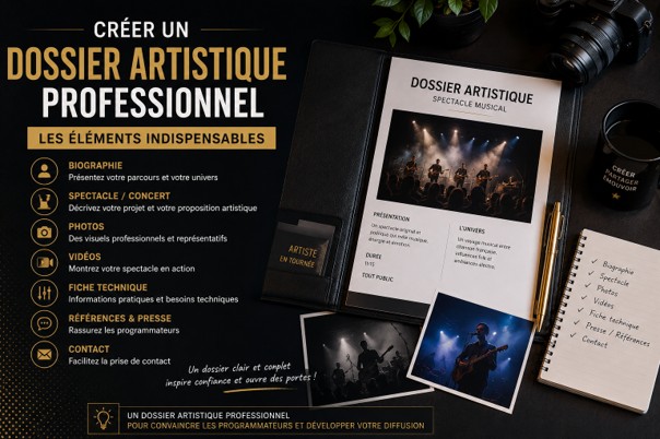 Dossier artistique professionnel présentant les éléments indispensables pour convaincre un programmateur de spectacle ou de concert