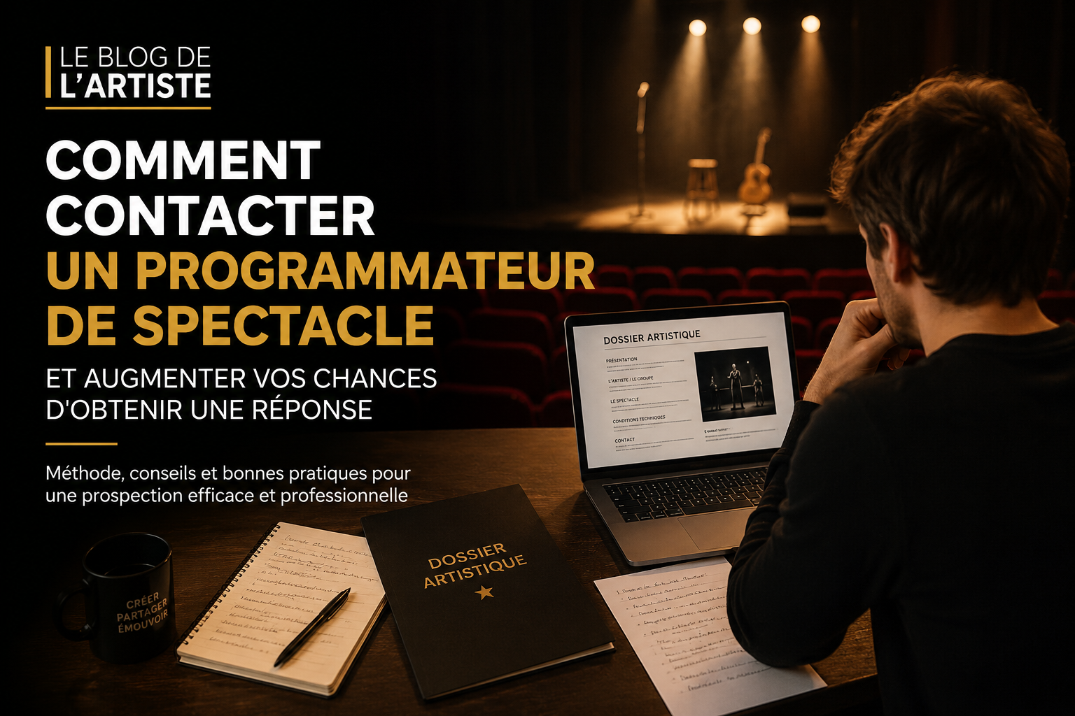Artiste préparant son dossier artistique avant une tournée