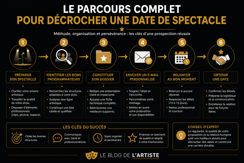 Infographie présentant toutes les étapes pour contacter un programmateur de spectacle, préparer son dossier artistique, envoyer un e-mail personnalisé, relancer et obtenir une date de spectacle.