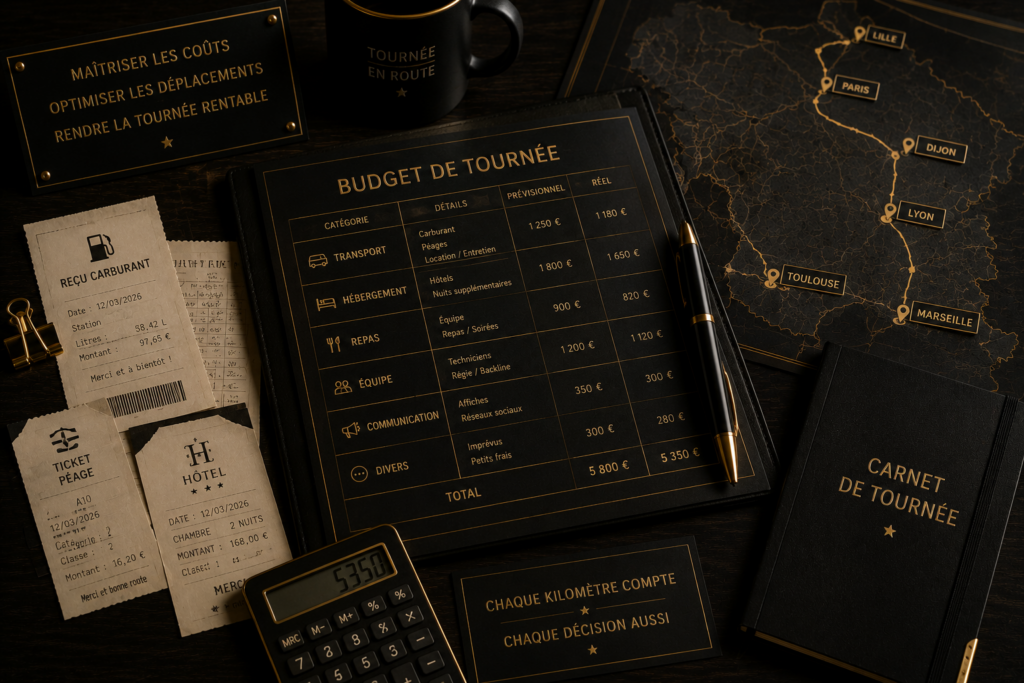 Budget de tournée de spectacle avec carte de France, reçus de déplacement et planification des coûts