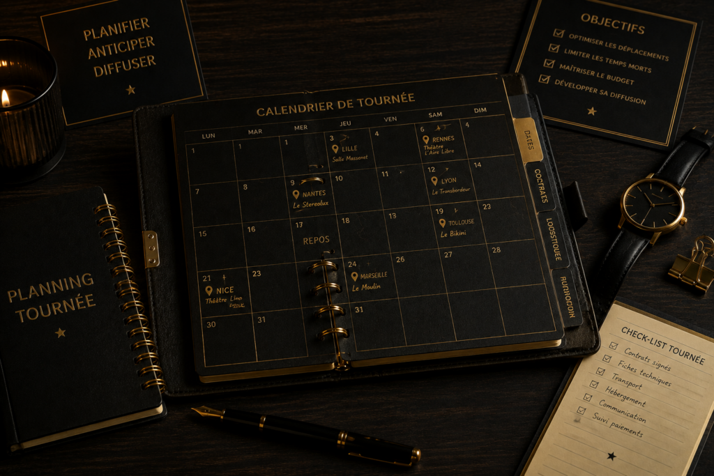 Calendrier de tournée de spectacle avec planning des représentations et organisation des déplacements