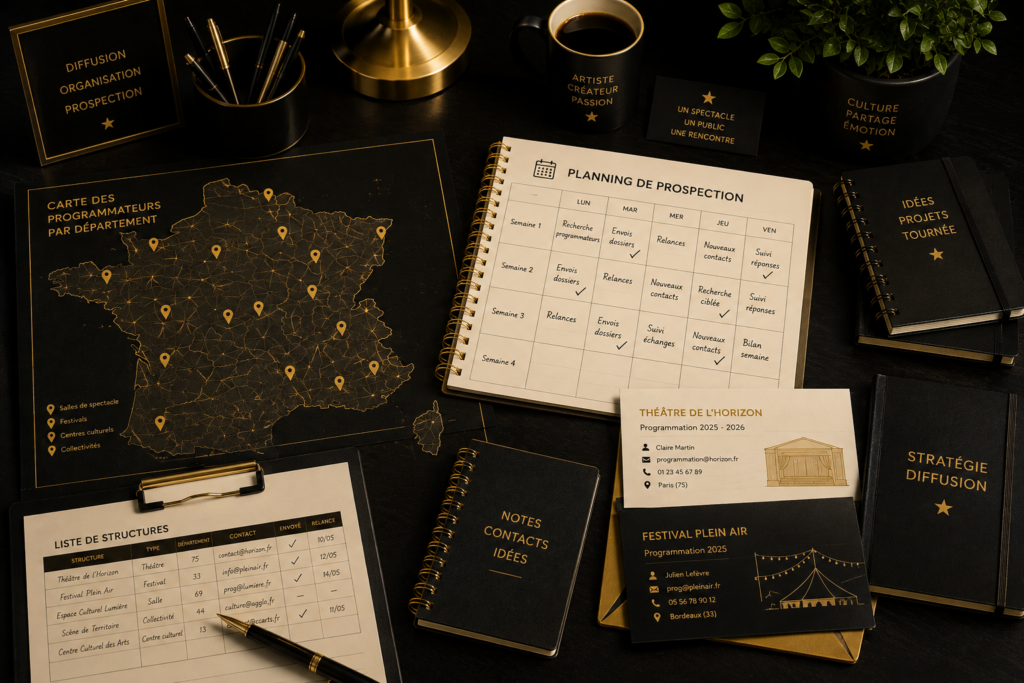 Carte de France, planning de prospection et liste de salles de spectacle pour cibler les bons programmateurs