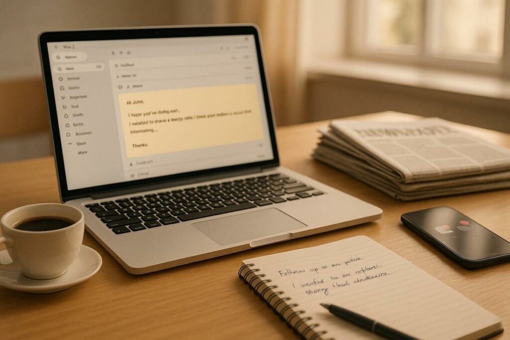 Ordinateur affichant un e-mail professionnel en français avec un dossier artistique destiné à un programmateur