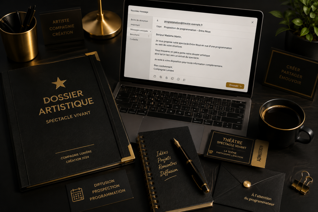 Ordinateur affichant un e-mail professionnel avec un dossier artistique destiné à un programmateur de spectacle