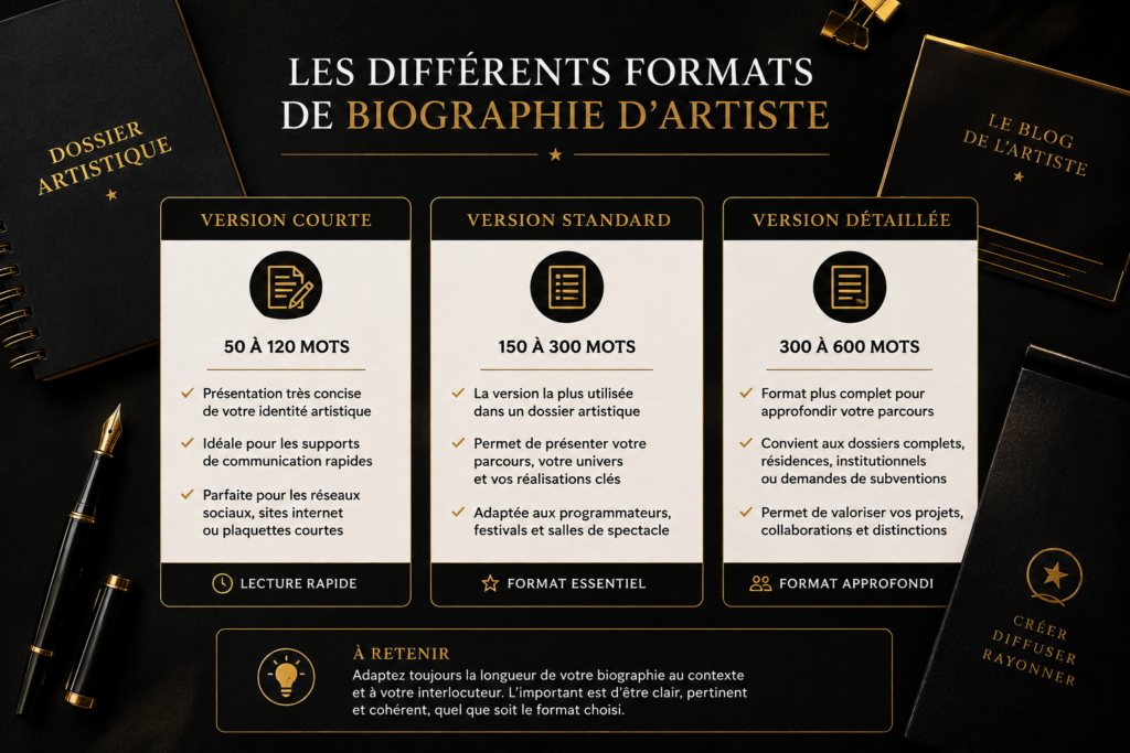Trois formats de biographie d’artiste : version courte, standard et longue