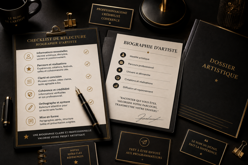 Contrat, checklist et dossier artistique pour relire et mettre en forme une biographie d’artiste