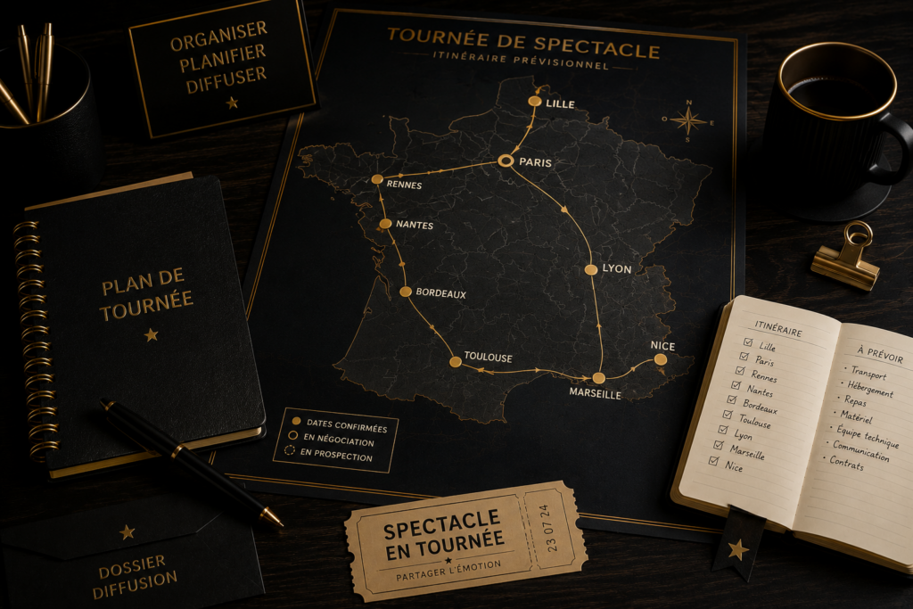 Carte de France avec itinéraire de tournée pour organiser une tournée de spectacle par zone géographique