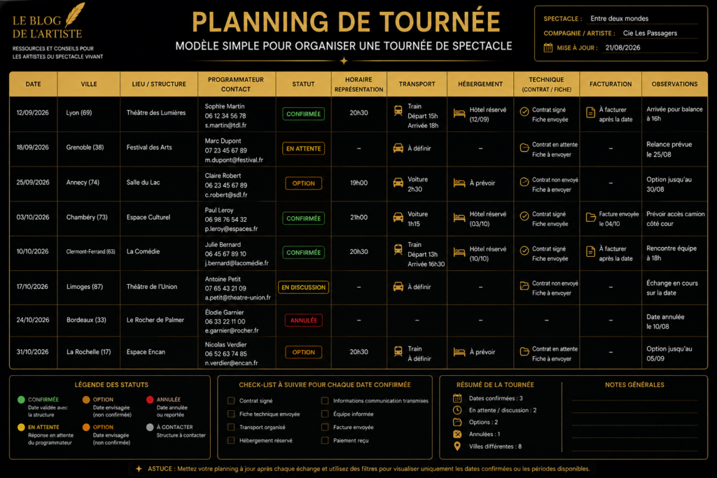 Planning de tournée modèle pour organiser une tournée de spectacle