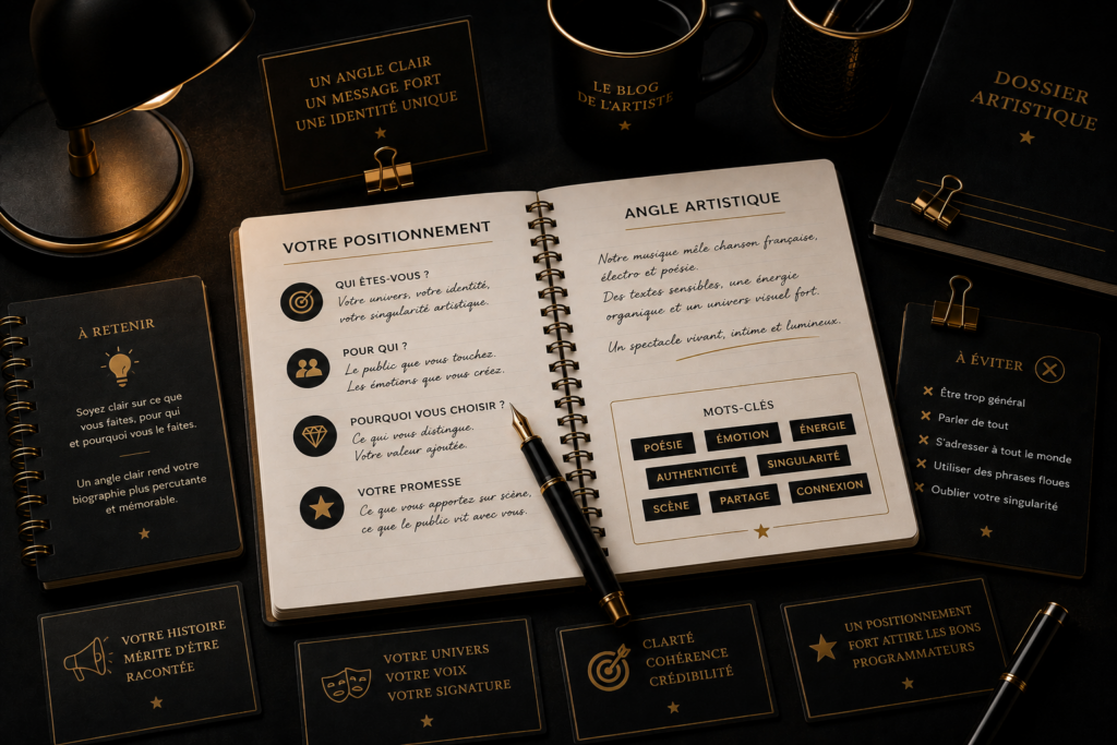 Carnet de notes et mots-clés pour définir le positionnement d’une biographie d’artiste