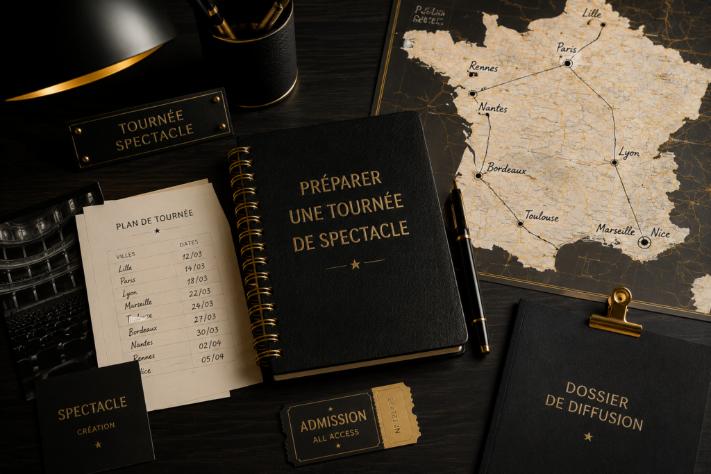Bureau professionnel avec carte de France, calendrier et documents pour préparer une tournée de spectacle