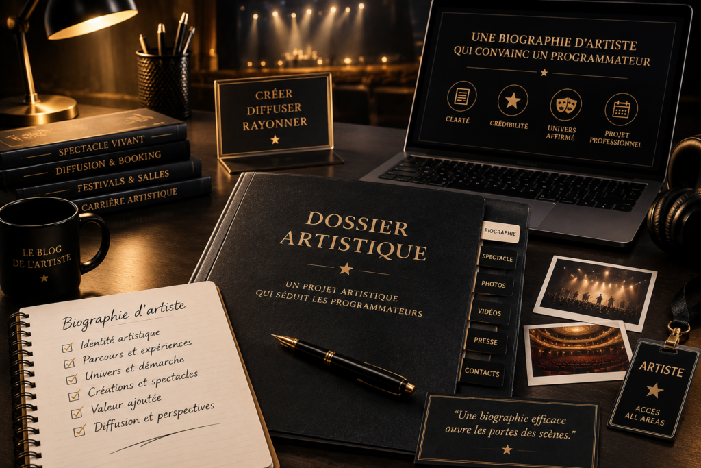 Dossier artistique, carnet et documents professionnels pour rédiger une biographie d’artiste professionnelle