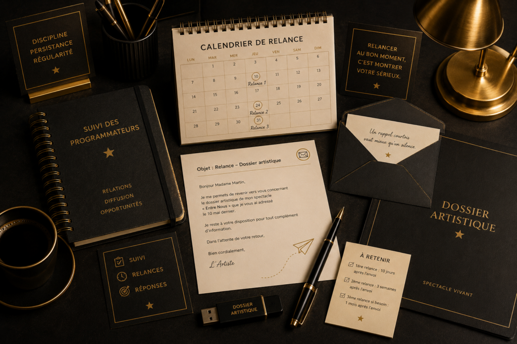 Calendrier de relance, dossier artistique et e-mail de suivi pour relancer un programmateur de spectacle