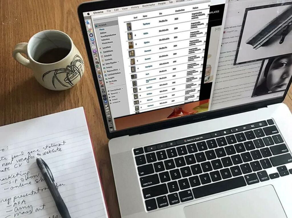 Tableau de suivi de prospection artistique avec contacts, relances et résultats de diffusion
