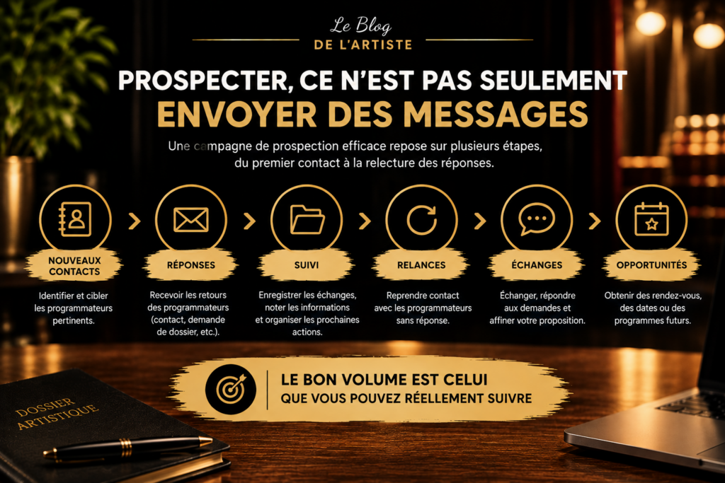 Nouveaux contacts, suivi et relances dans une campagne de prospection artistique