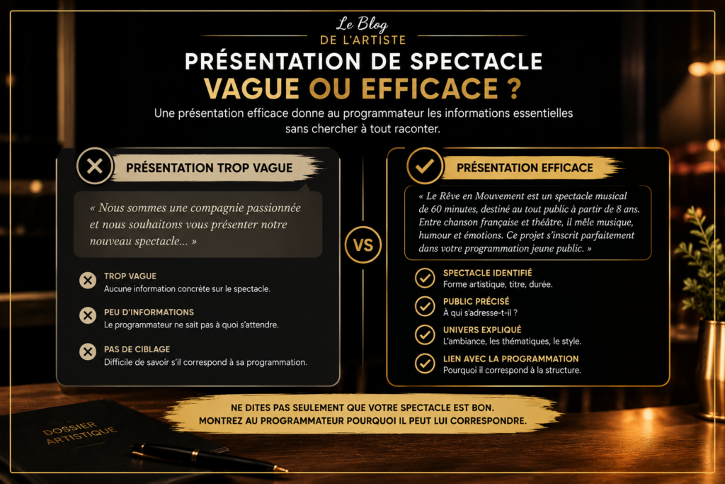 Comparaison entre une présentation vague et efficace d'un spectacle
